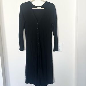 Vetta Black Ribbed Front Button V-neck MIDI Dress S